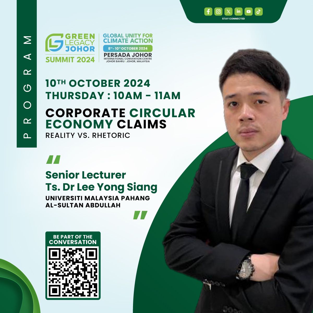 Setinggi-tinggi tahniah diucapkan kepada Ts. Dr. Lee Yong Siang di atas jemputan sebagai Panel Speaker bagi Green Legacy Summit 2024 on Topic Corporate Circular Economy Claims bertempat di PERSADA JOHOR pada 10 Oktober 2024